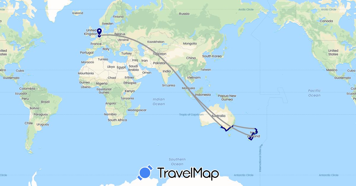 TravelMap itinerary: driving, plane, boat in Australia, Netherlands, New Zealand, Singapore (Asia, Europe, Oceania)